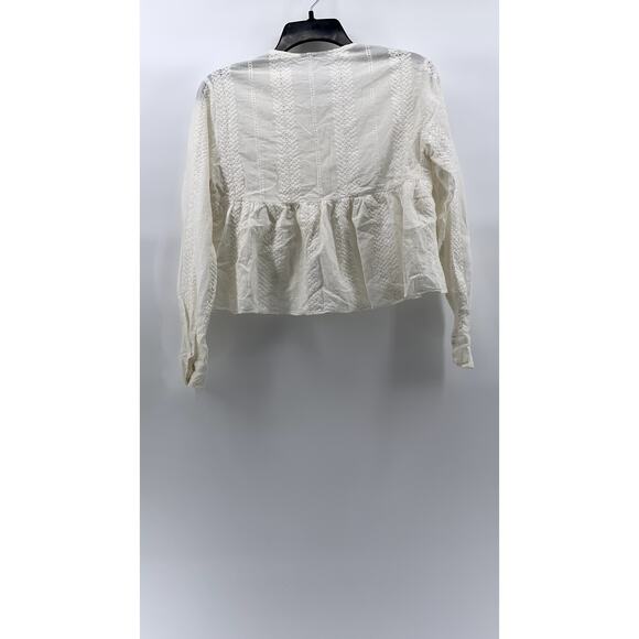 NIC & JO Women's White Embroidered Eyelet V-Neck Long Sleeve Ruffle-Hem Top SZ M - Picture 2 of 9